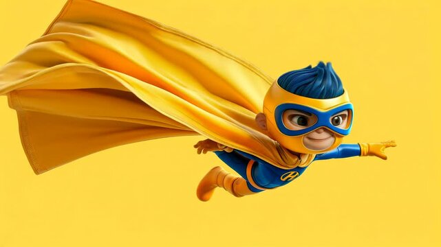 Joyful cartoon boy superhero soars through the sky in bright blue and yellow outfit with cape