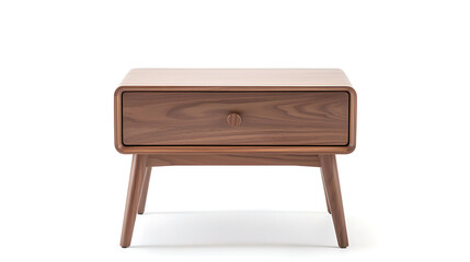 A wooden nightstand with a drawer sits on a white background