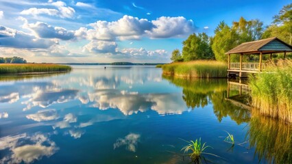 Obraz premium Serene lake shore at Ruhiges Seeufer am Scharm?tzelsee in Brandenburg with lush reed beds and a covered sky, german lakes, brandenburg