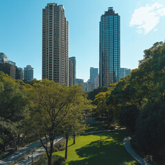 Obraz premium City park oasis: skyscrapers and lush greenery coexist.
