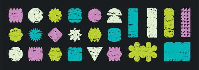 Minimalist trendy forms with distressed black texture. Brutalist geometric abstract shapes. Rough dark grunge grainy texture. Vector noise. Grain noise particles. Vintage retro trendy illustration.