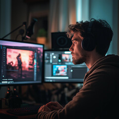 Naklejka premium Focused young man edits photos on his computer at night.