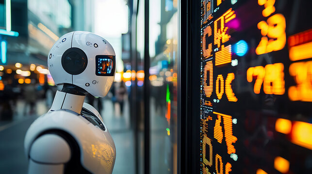 A robot is standing in front of a large screen with numbers and letters on it