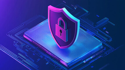 A blue and purple image of a lock on a computer chip