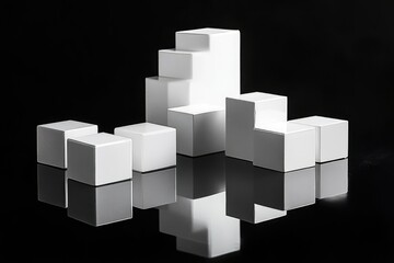 Abstract arrangement of white cubes forming a geometric structure, reflected on a black surface.
