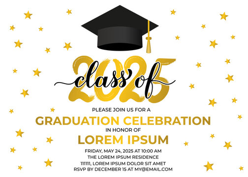 Graduation party invitation card template. Graduation celebration announcement. Class of 2025 vector illustration. - Powered by Adobe