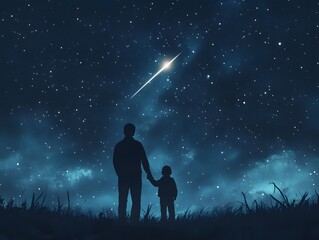Father and Son Gazing at Shooting Star in Starry Night Sky