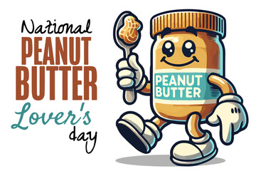 National Peanut Butter Lover's Day. Fun cartoon illustration of a peanut butter jar holding a spoon in retro style. Holiday concept. Template for background, banner, card, poster with text inscription
