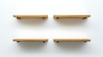 Four wooden shelves are displayed on a white background