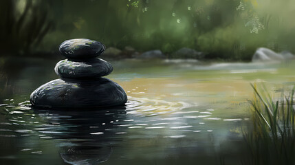Water flowing onto a stack of three smooth, dark gray stones in a calm pool. Harmony - Meadow. Illustration