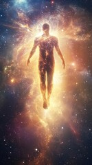 Mystical Ascension of the Human Soul, a Luminous Astral Body Drifting Through Infinite Cosmic Space in a Visionary Journey Beyond Life