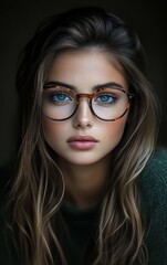 Fototapeta premium A woman with brown hair and glasses is staring at the camera. She has a blue eye shadow and a pink lip color
