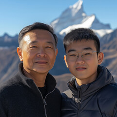 Father and son smile for a portrait against a stunning mountain backdrop.
