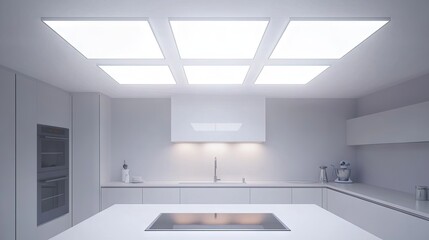 A bright, modern kitchen featuring LED ceiling panels for optimal cooking visibility.