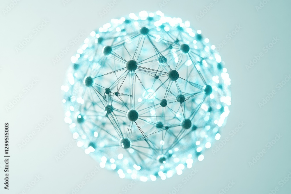 Poster abstract sphere of interconnected nodes, glowing with soft light, representing network, connection, 