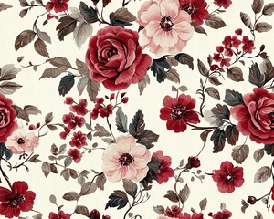 Vintage Watercolor Floral Pattern with Maroon and Cream Roses on a Soft Background – Seamless Botanical Design as wallpaper Illustration