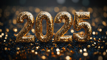Golden glitter 2025 numbers with sparkling bokeh lights on a dark background