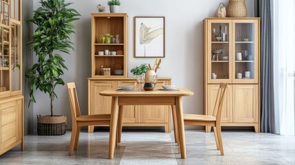 A classic wooden rectangular dining table set in a traditional home interior.