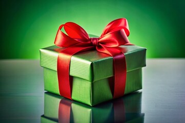 Obraz premium Elegant Green Gift Box with Red Ribbon: Luxurious Holiday Present