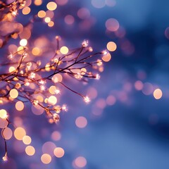 Festive Lights and Branches on Blue Background
