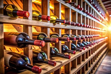 Elegant Horizontal Wine Bottle Storage in Wooden Rack - Panoramic View