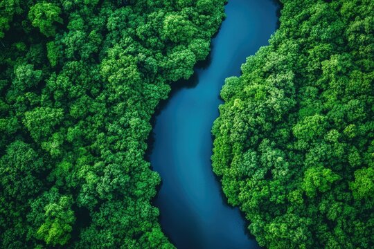 Aerial view of lush green mangrove forest with a winding river flowing through it. - Powered by Adobe