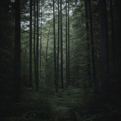 Fototapeta premium Deep in the woods, tall trees create a mysterious, shadowy atmosphere.