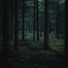 Fototapeta premium Moody forest scene with tall trees and lush green undergrowth.