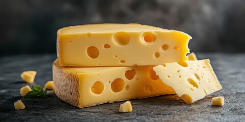 Delicious cheese blocks with holes on dark background showcasing creamy texture and flavor