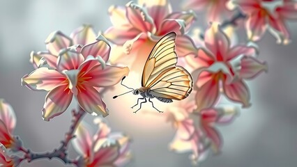butterfly cherry blossoms soft light hover