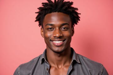 Obraz premium Cheerful Young Black Male with Short Natural Hair Smiling Brightly Against a Soft Pink Background, Displaying a Positive and Confident Vibe
