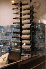 vertical Chimney cakes baking on rotating spits in Budapest shop