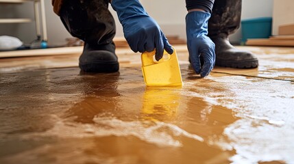 A close-up of hands spreading an anti-fungal treatment on a damp subfloor before installation.