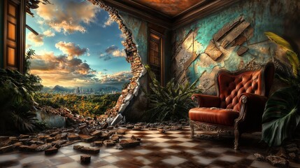 Obraz premium Interior with Crumbled Wall Overlooking Urban Landscape and Mountains at Sunset