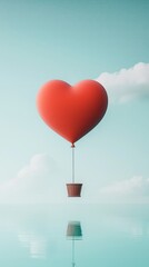 Whimsical heart balloon floating above serene water, reflecting clouds in a dreamy skyscape of love and imagination