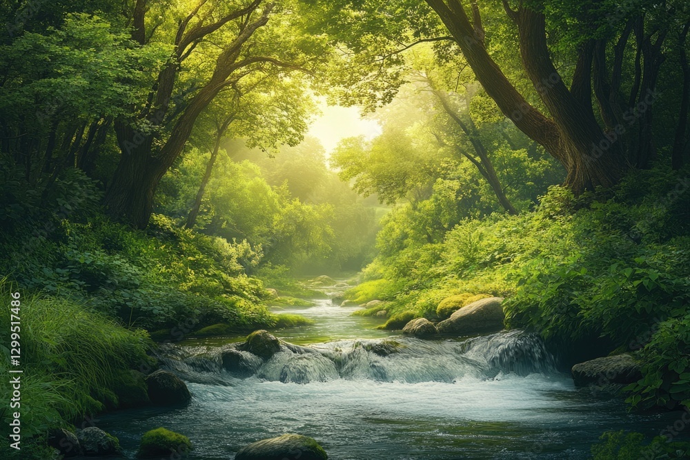 Poster serene stream flows through a lush, sun-dappled forest, creating a tranquil and magical scene.