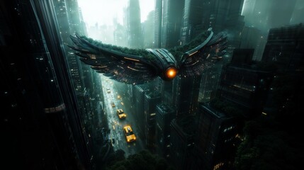 Naklejka premium Futuristic Artificial Owl Flying Over Nighttime Urban Cityscape with Neon Lights