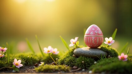 A beautifully decorated Easter egg resting on moss with white and yellow flowers surrounding it, set in a serene, sunlit garden with a blurred background. Generative, AI,