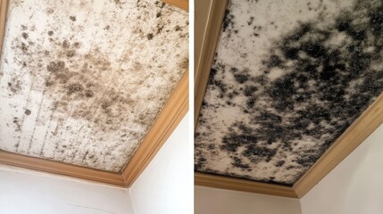 A comparison of different ceiling stains, from light discoloration to severe black mold.