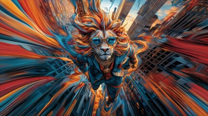 Stylish Anthropomorphic Lion Flying Through Vibrant Cityscape With Dynamic Colors