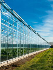 Obraz premium Modern greenhouse filled with plants under a bright blue sky.
