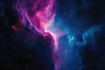 Fototapeta premium A breathtaking cosmic landscape of vibrant pink and blue nebulae, scattered with countless stars in a dark expanse.