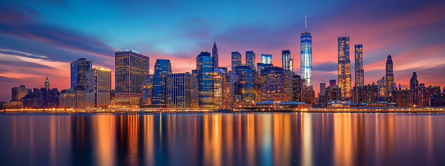 Stunning sunset view of the city skyline. Skyscrapers reflecting on calm water.