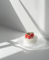 Minimalist cake with fresh strawberries. White background, sunlit scene.