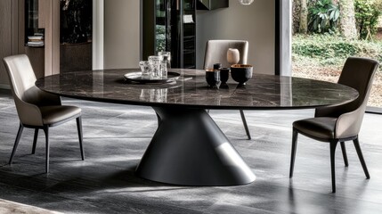 A contemporary oval dining table with elegant chairs in a grand interior.