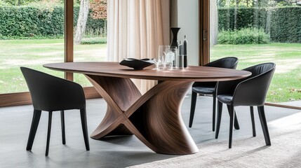 Fototapeta premium A contemporary oval dining table with elegant chairs in a grand interior.