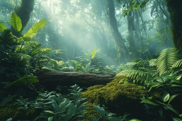 Sunbeams pierce a lush, mystical rainforest, illuminating vibrant green foliage and a fallen log.