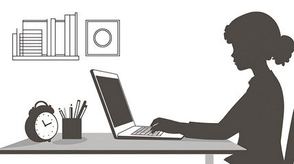 A woman is sitting at a desk with a laptop open in front of her