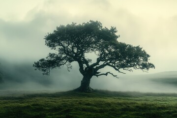 Obraz premium Lone tree stands majestically in a foggy, serene landscape, evoking mystery and tranquility.