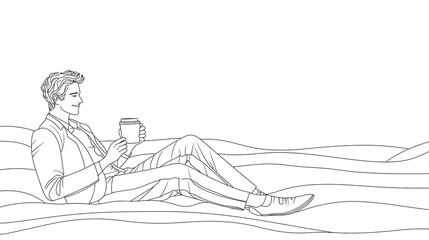 A man is sitting on a beach with a cup of coffee in his hand